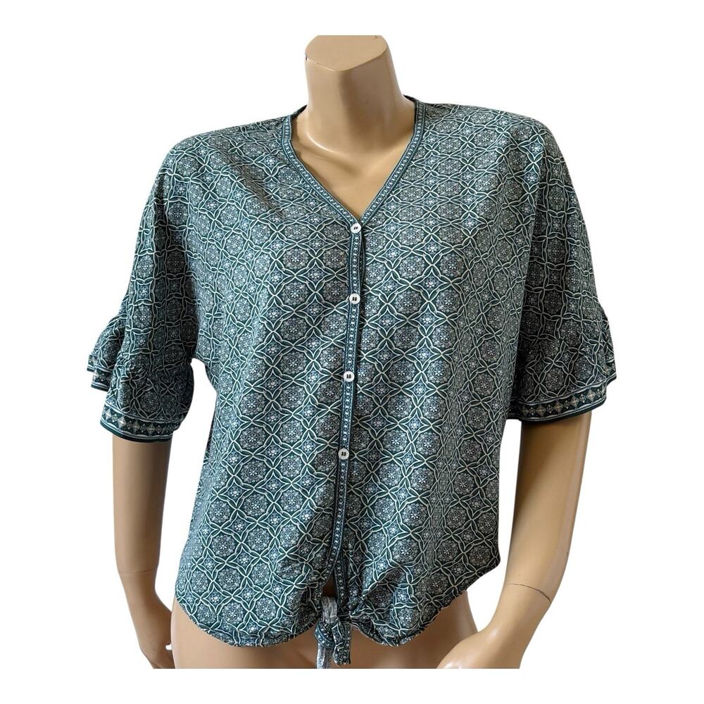 Max Studio Button Up Blouse Womens S Teal Geometric Tie Front Bell Sleeve Boho